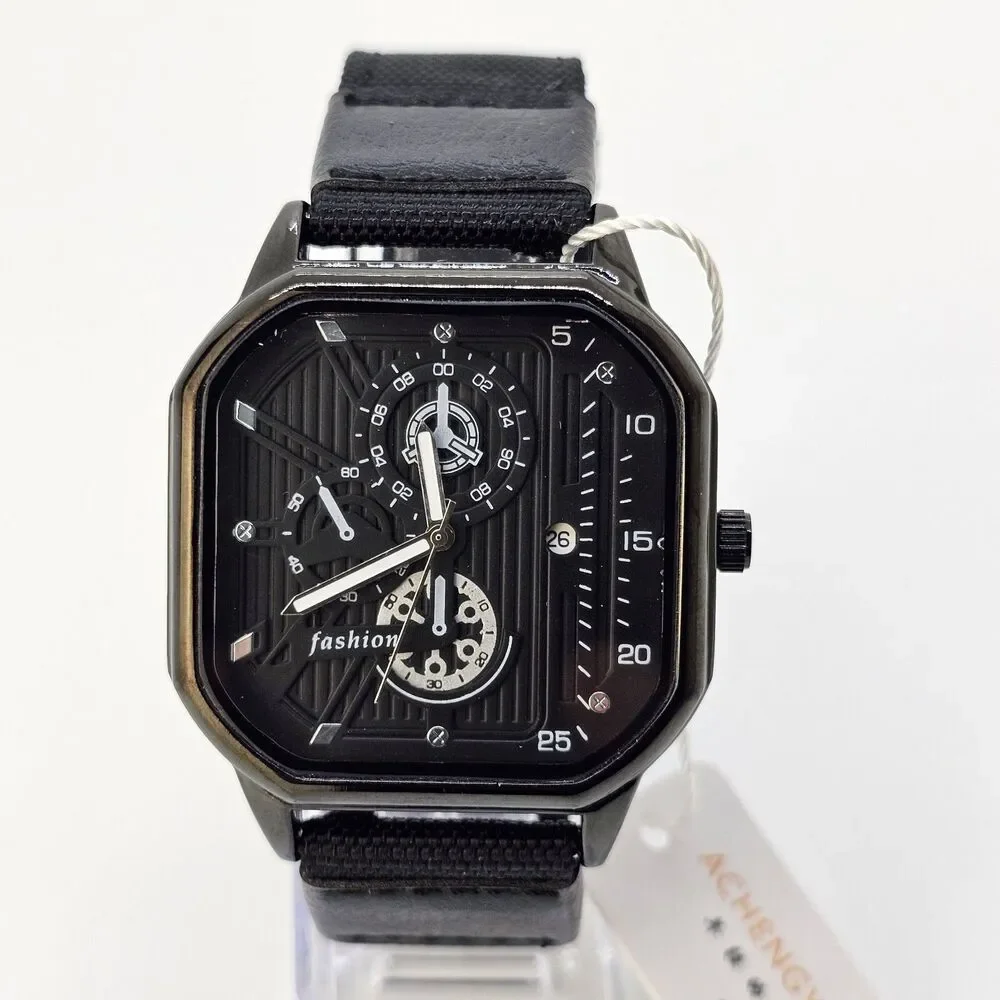 Men's 42MM Minimalist Watch Black‎ Case Black Dial Date Black Canvas Band Straps
